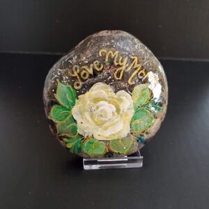 Painted "Love my Mom" stone, rose rock art, white rose and  endearment rock